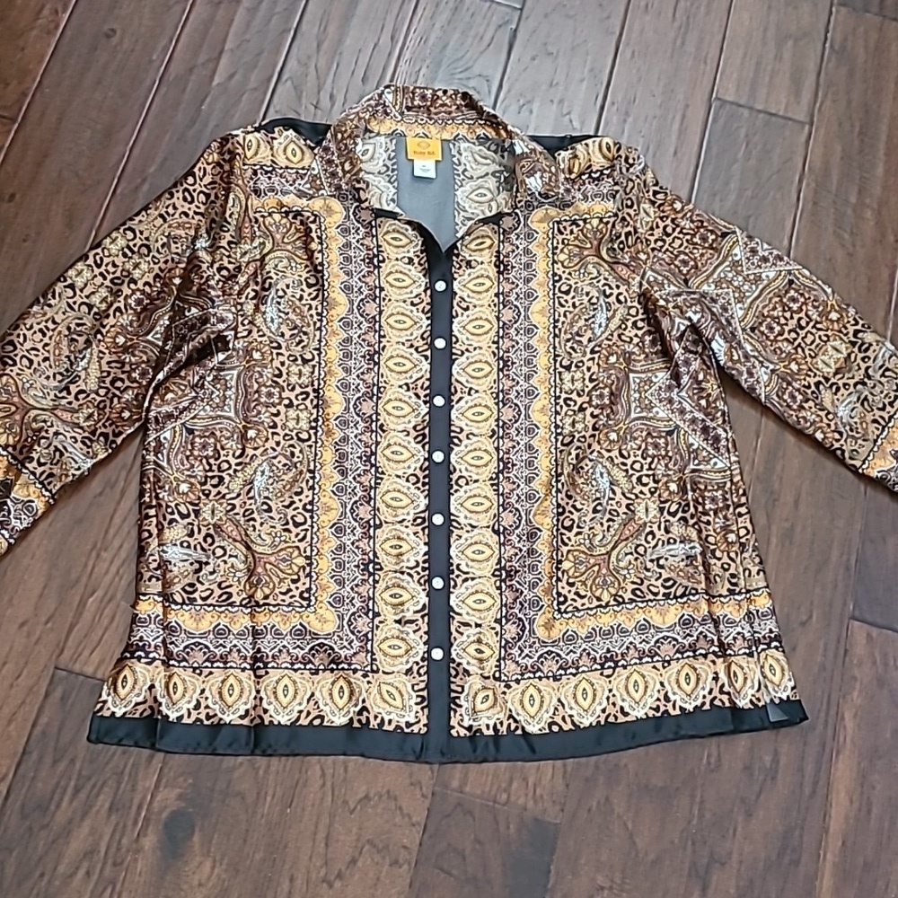 Ruby Rd Black & Gold Patterned Button-up Blouse with Silky Satiny Feel size XL